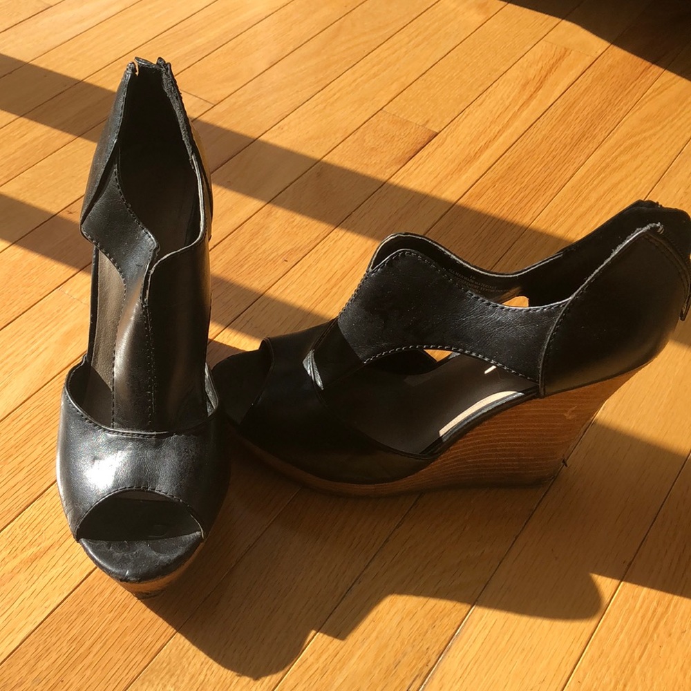 Black leather wedges
